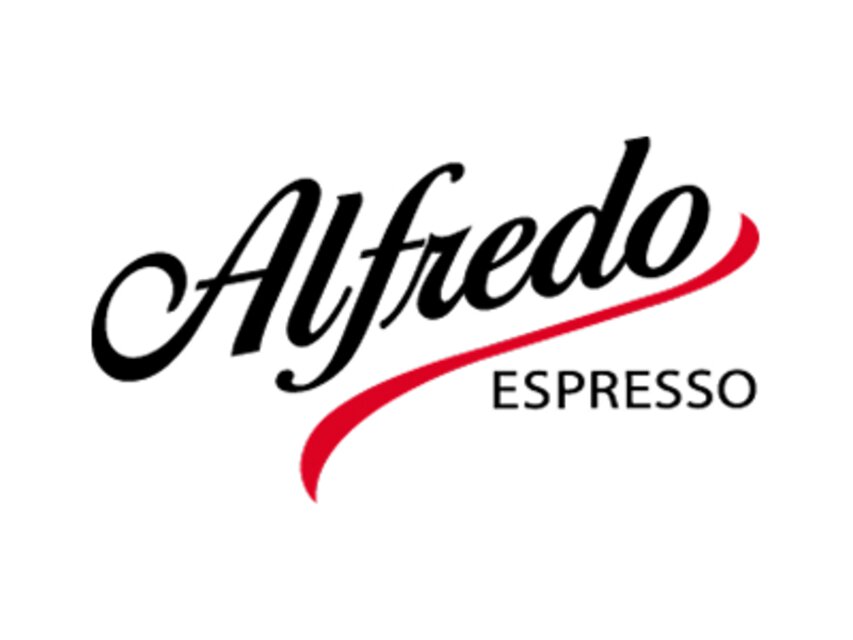 Stylové logo Alfred espresso s elegantní typografií a výrazným červeným akcentem. Ideální pro milovníky a nadšence kávy.