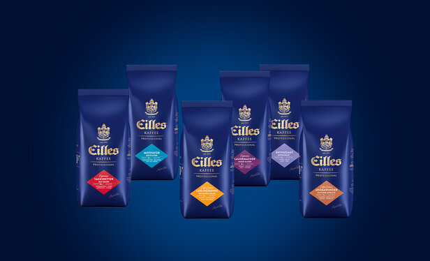 Eilles Kaffee professional coffee bags displayed in various flavours on a dark blue background.