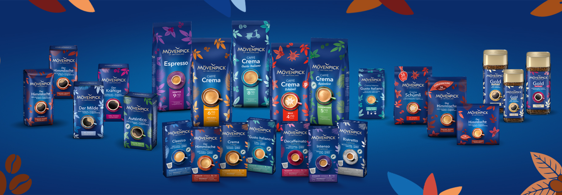 Mövenpick koffieselectie met verschillende melanges en smaken tegen een levendige blauwe achtergrond.