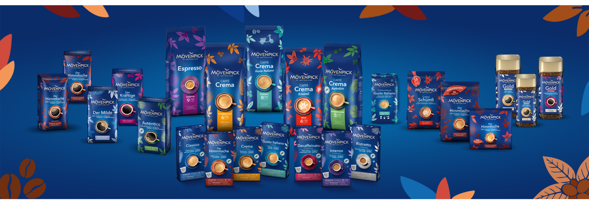 Verschiedene Mövenpick-Kaffeeprodukte mit unterschiedlichen Mischungen und Geschmacksrichtungen auf einem leuchtend blauen Hintergrund.
