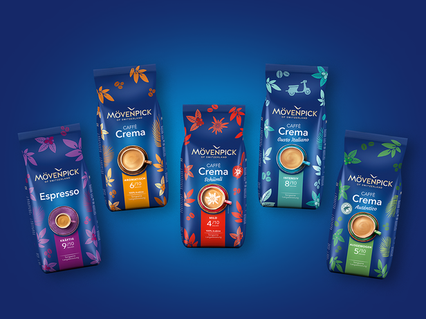 Mövenpick-Kaffeebeutel mit den Sorten Espresso und Caffè Crema auf einem leuchtend blauen Hintergrund. Perfekt für Kaffeeliebhaber.
