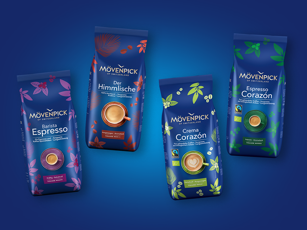 Mövenpick coffee varieties including Barista Espresso and Der Himmlische, showcasing premium quality packaging.