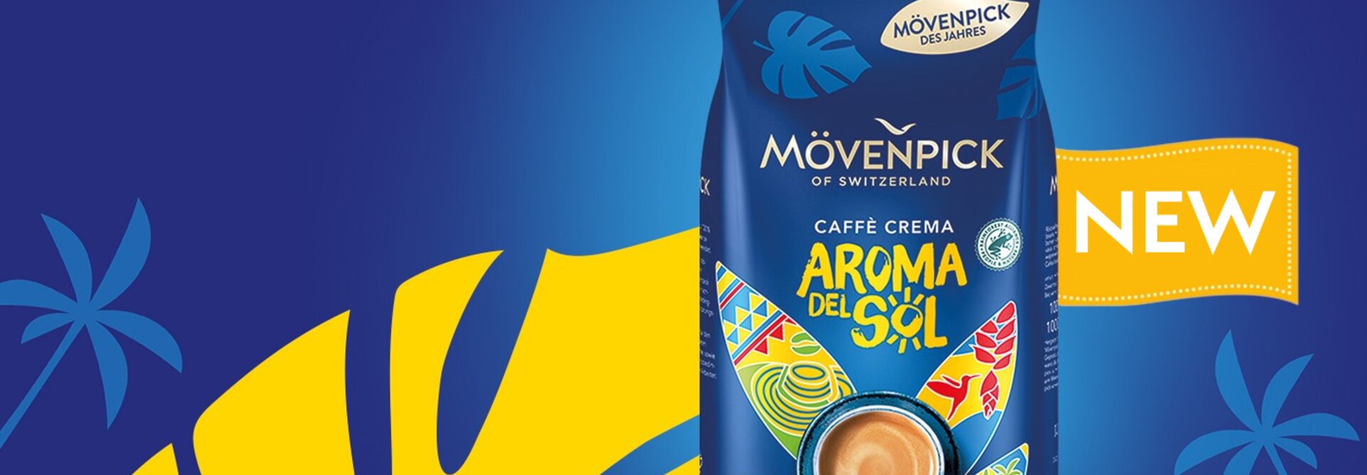Opakowanie Mövenpick Aroma del Sol Caffè Crema na żywym niebieskim tle, prezentujące bogatą mieszankę kawy.