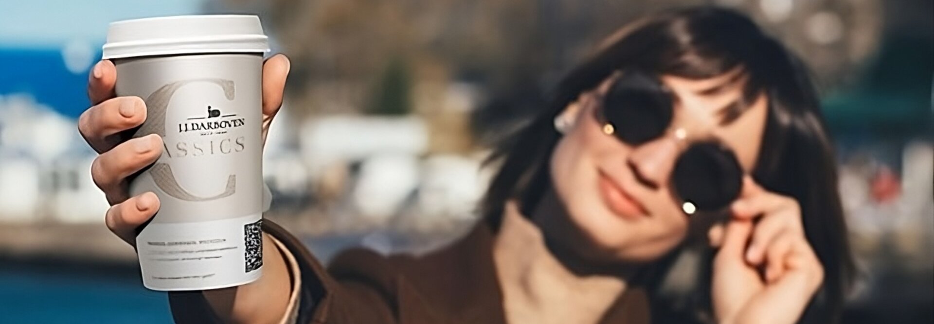 Eine Frau genießt einen Kaffee zum Mitnehmen, während sie eine Sonnenbrille trägt, vor einem malerischen Hintergrund im Freien.