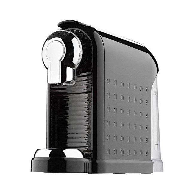 Compact black capsule coffee machine with a sleek design and chrome accents for a stylish kitchen.