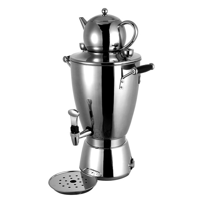 Samowar aus poliertem Edelstahl mit aufgesetzter Teekanne zum Aufbrühen von Tee und Servieren von Heißgetränken.