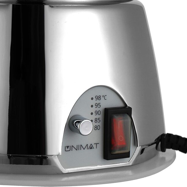 Hochglanzpolierter elektrischer Samowar von Unimat mit Temperaturregler für präzises Aufbrühen von Tee, der durch schlankes Design und Funktionalität besticht.