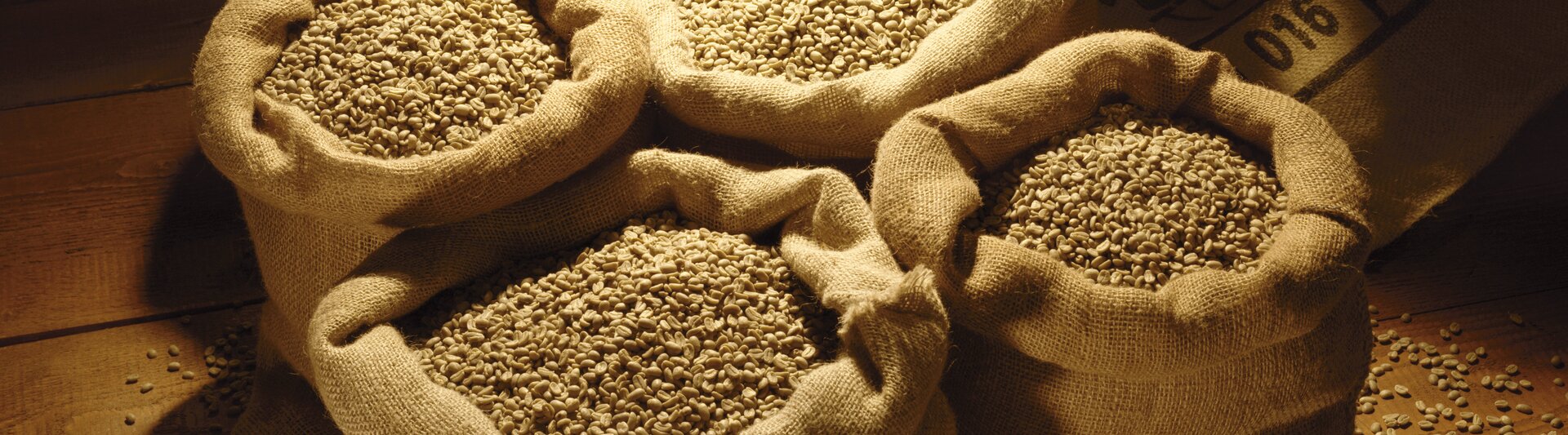 Sacks filled with raw coffee beans, arranged on a wooden surface, highlighted by dramatic lighting. Ideal for coffee enthusiasts.