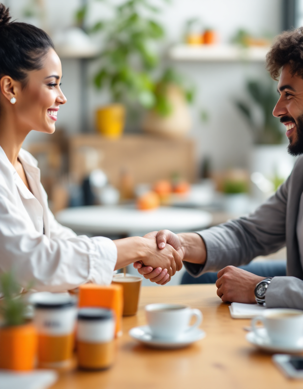 Obchodní partneři si podávají ruce ve stylové kavárně, obklopeni rostlinami a několika šálky kávy.