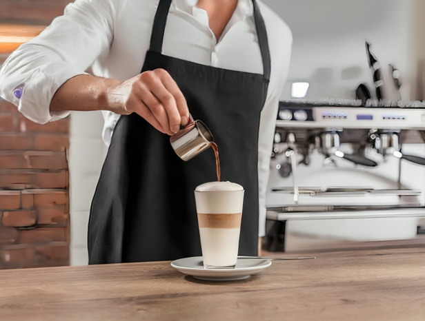 Barista nalewający bogatą kawę do warstwowej szklanki do latte, prezentujący eksperckie umiejętności parzenia kawy w kawiarni.