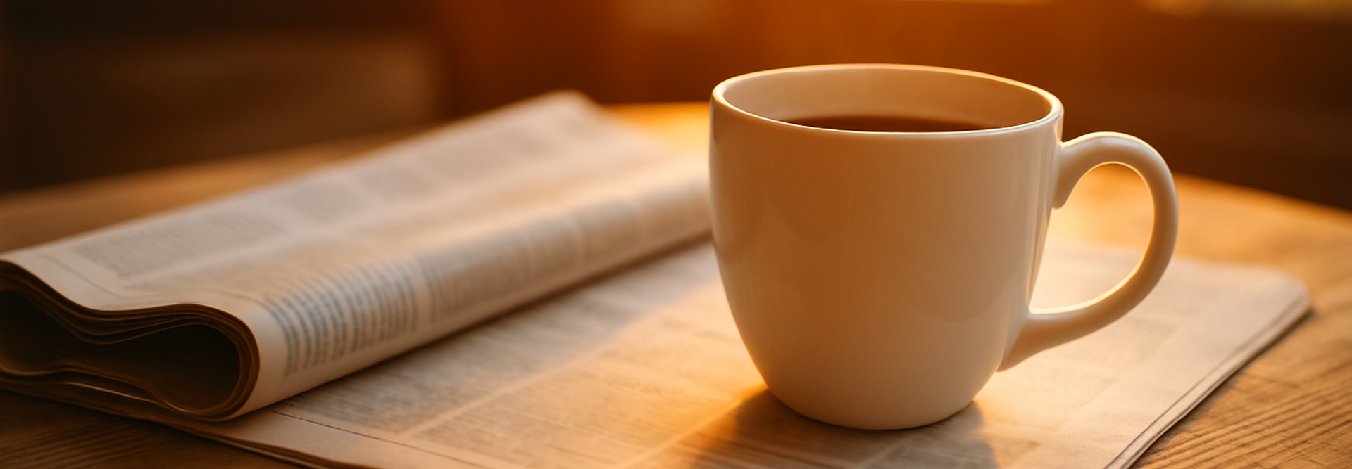Na otvorených novinách leží šálka kávy, ktorú zohrievajú teplé ranné slnečné lúče. Ideálne na vychutnávanie denných správ.