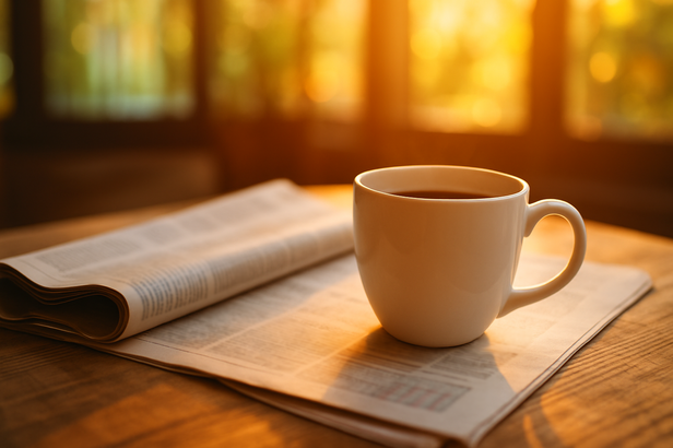 Parująca filiżanka kawy stoi na otwartej gazecie, wygrzewając się w ciepłym porannym słońcu. Idealny do delektowania się codziennymi wiadomościami.