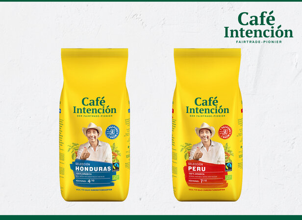 Café Intención showcases Honduras and Peru coffee selections in distinctive yellow packaging, highlighting Fairtrade quality.