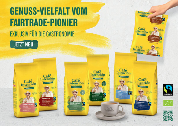 Verschiedene Fairtrade Café Intención-Kaffeepakete, darunter Espresso und Café Crème, ideal für die Gastronomie.