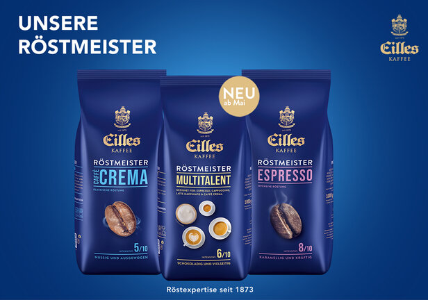 Eilles Kaffee Röstmeister bietet die Kaffeemischungen Crème, Multitalent und Espresso an, die seit 1873 fachmännisch geröstet werden.