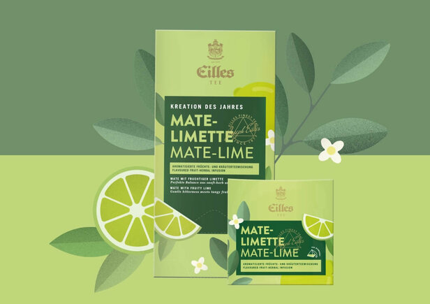 Die Verpackung von Eilles Tea Mate-Lime besticht durch eine lebendige Limettengrafik und ein erfrischendes Design, perfekt für Liebhaber von Kräutertees.