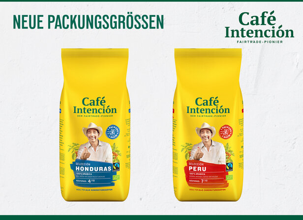 Die neuen Verpackungsgrößen von Café Intención für Fairtrade-Kaffee aus Honduras und Peru sind in leuchtendem Gelb gehalten.