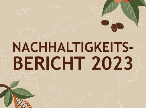Titel des Nachhaltigkeitsberichts 2023 mit Kaffeebohnen und einer Weltkarte im Hintergrund, auf der umweltfreundliche Initiativen vorgestellt werden.