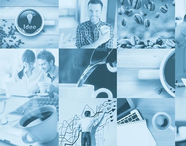 Eine lebendige Collage, die Kaffee-Momente zeigt, mit Menschen, Kaffeebohnen und kreativen Arbeitsszenen.