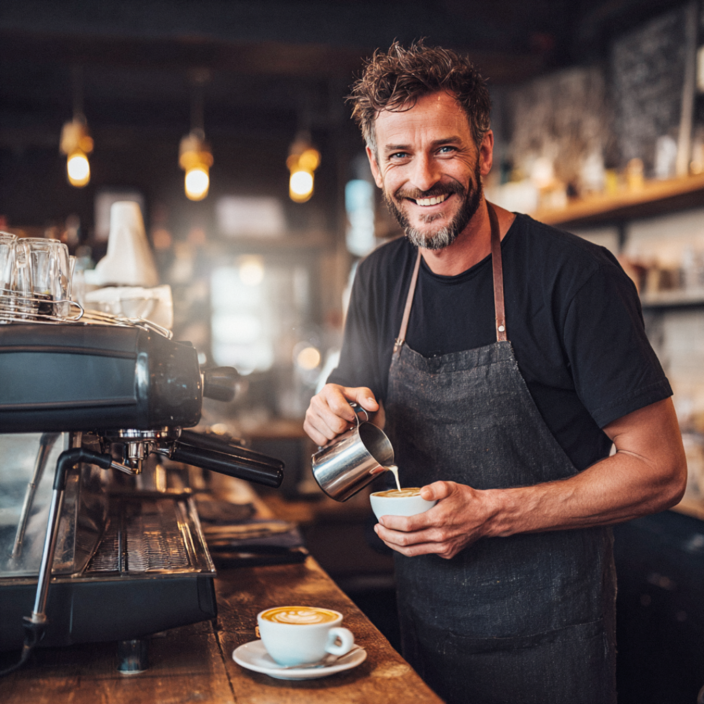 Barista préparant du café dans un café élégant, souriant tout en versant un latte art dans une tasse.