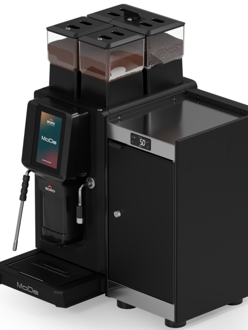High-quality EGRO MoDe coffee machine with milk system and touchscreen for efficient beverage preparation.