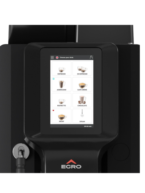 Stylish black coffee machine with a digital touchscreen menu for selecting various coffee drinks. Ideal for cafes.