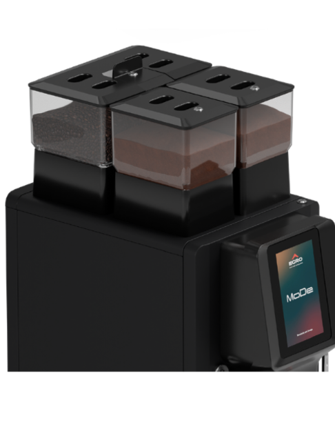 Coffee grinder featuring three containers for different coffee blends and a touchscreen control panel. Ideal for baristas.