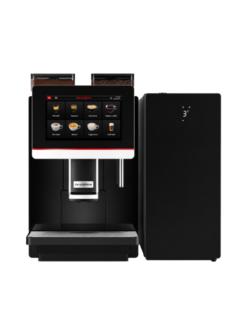 Sleek black coffee machine with touchscreen for various brews, including espresso, latte, and cappuccino options.