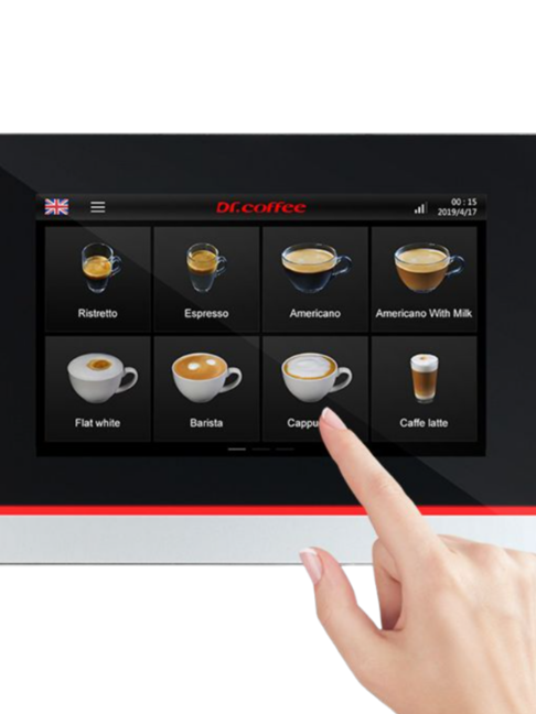 Touchscreen coffee machine menu displaying various drinks like cappuccino and espresso for easy beverage selection.