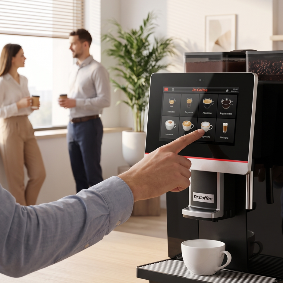 Touchscreen coffee machine in a modern kitchen, user selecting brew options while two people chat in the background.