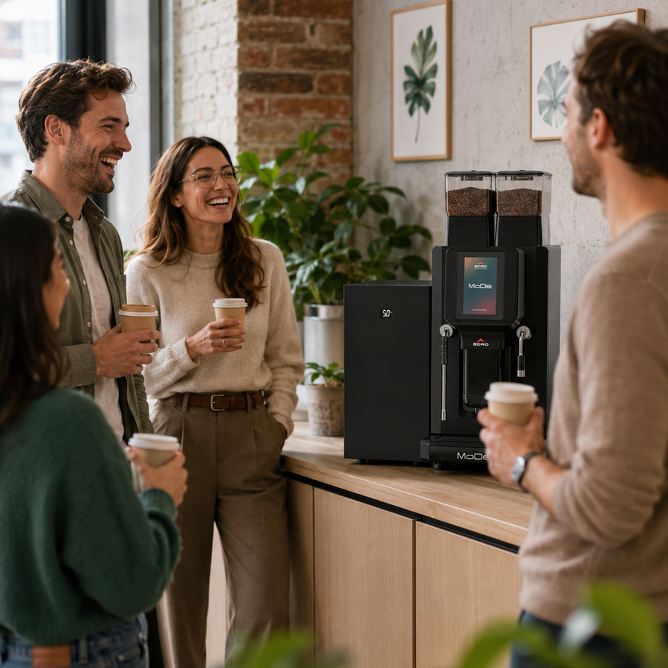 Colleagues enjoying coffee by the Egro MoDe machine in a modern office with greenery and a stylish interior.