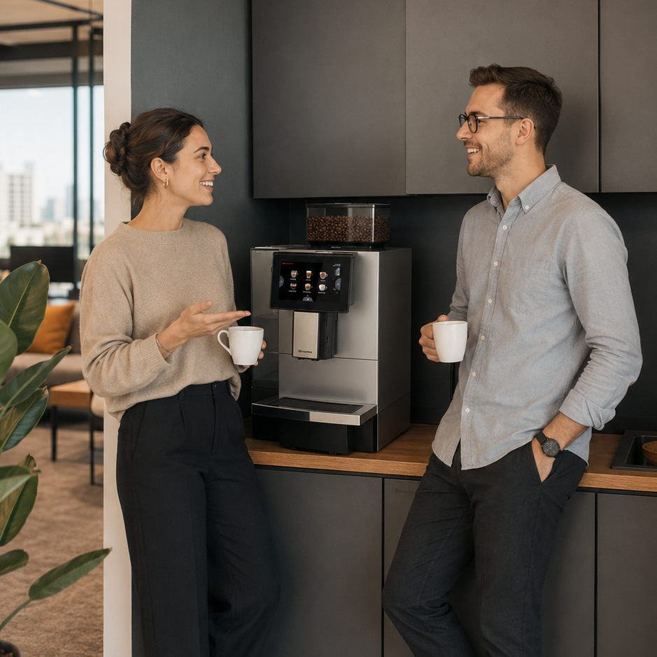 Colleagues enjoying coffee together by a high-tech coffee machine in a modern office setting, promoting workplace connections.