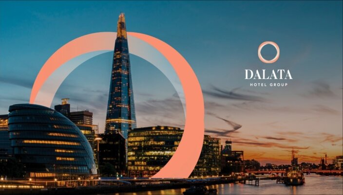 Dramatic sunset over Dublin, showcasing Dalata Hotel Group branding with modern architecture and The Shard in the background.