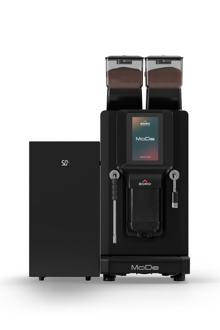 Egro MoDe professional coffee machine with dual bean hoppers and touchscreen, perfect for cafés and restaurants.
