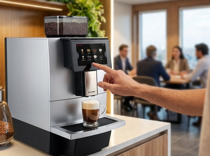 Modern office coffee machine serving espresso in a stylish workspace with greenery. Perfect for enhancing productivity.