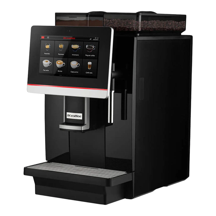 Sleek black Dr Coffee machine with touchscreen for brewing espresso, cappuccino, and other coffee varieties.