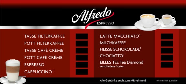 Alfredo Espresso local branding menuboard beispiel 