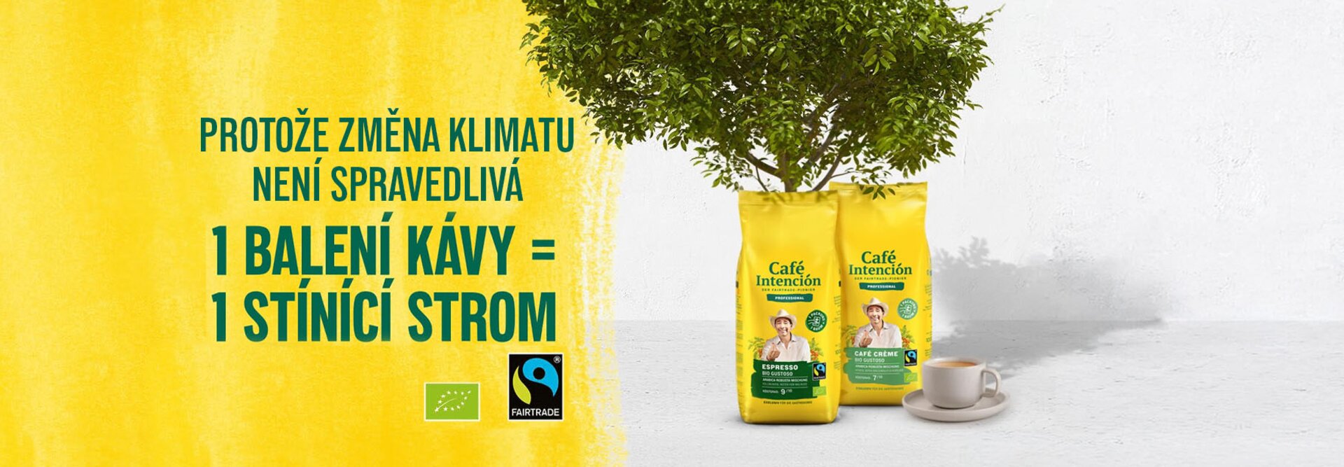 Sáčky na fairtradovou kávu od Café Intención se stromem symbolizujícím klimatickou iniciativu proti změně klimatu.