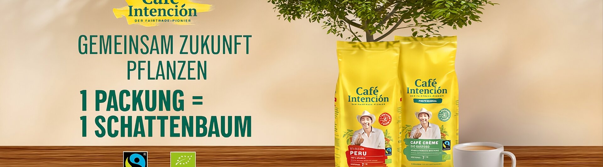 Das Café Intención wirbt für Nachhaltigkeit mit Fairtrade-Kaffeepaketen und einer Botschaft zum Pflanzen zukünftiger Bäume.