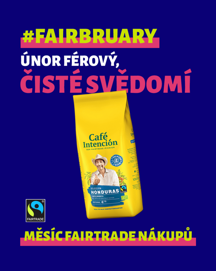 Balíček Fairtrade kávy propagující etickou spotřebu během #Fairbruary se zaměřením na Honduras.