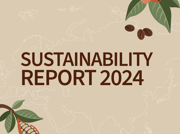 Sustainability Report 2024 cover featuring a world map and botanical illustrations. Emphasising eco-friendly practices.