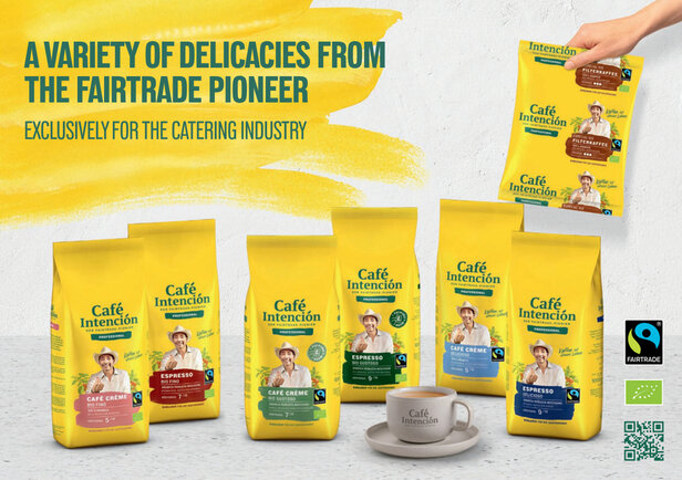 Café Intención range showcasing Fairtrade coffee for catering, featuring various blends and a cup for serving.